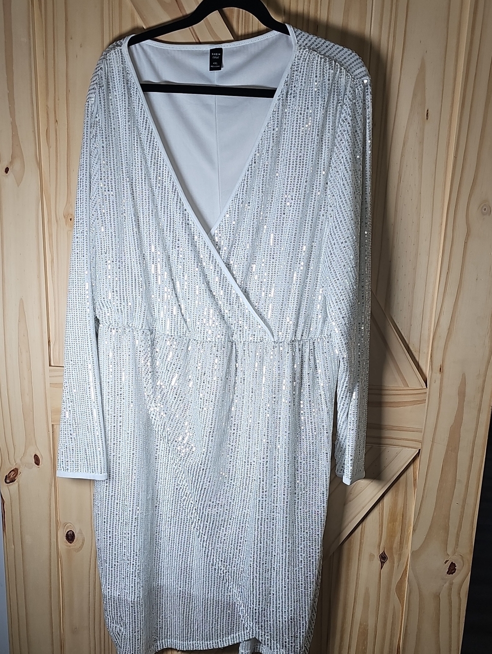 White Sequin Wrapped V-Neck Women's Dress